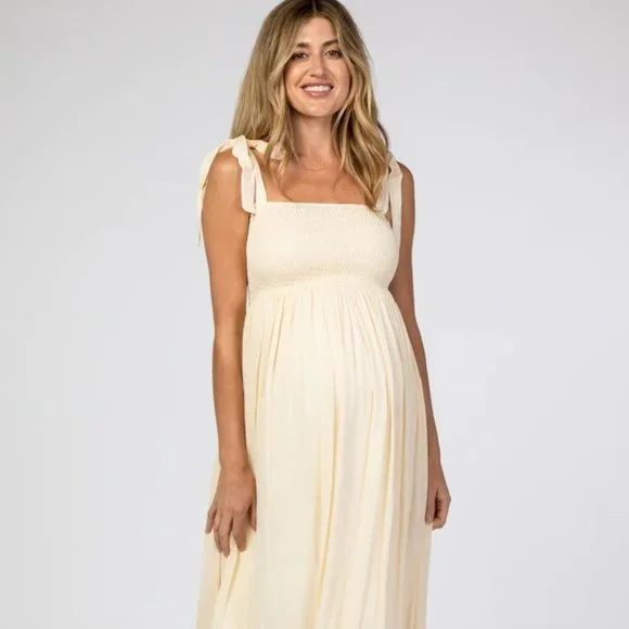 beige pregnancy dress Côte Linen Maternity Wrap Midi Dress Tan/White Stripe Medium main image 1